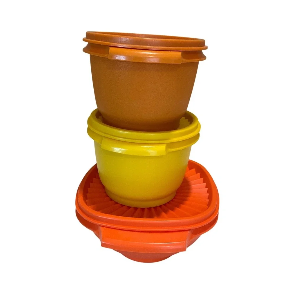 Vtg Tupperware 3 Piece Set Sunburst Servalier with Lids  840 & 886 Nostalgia 70s